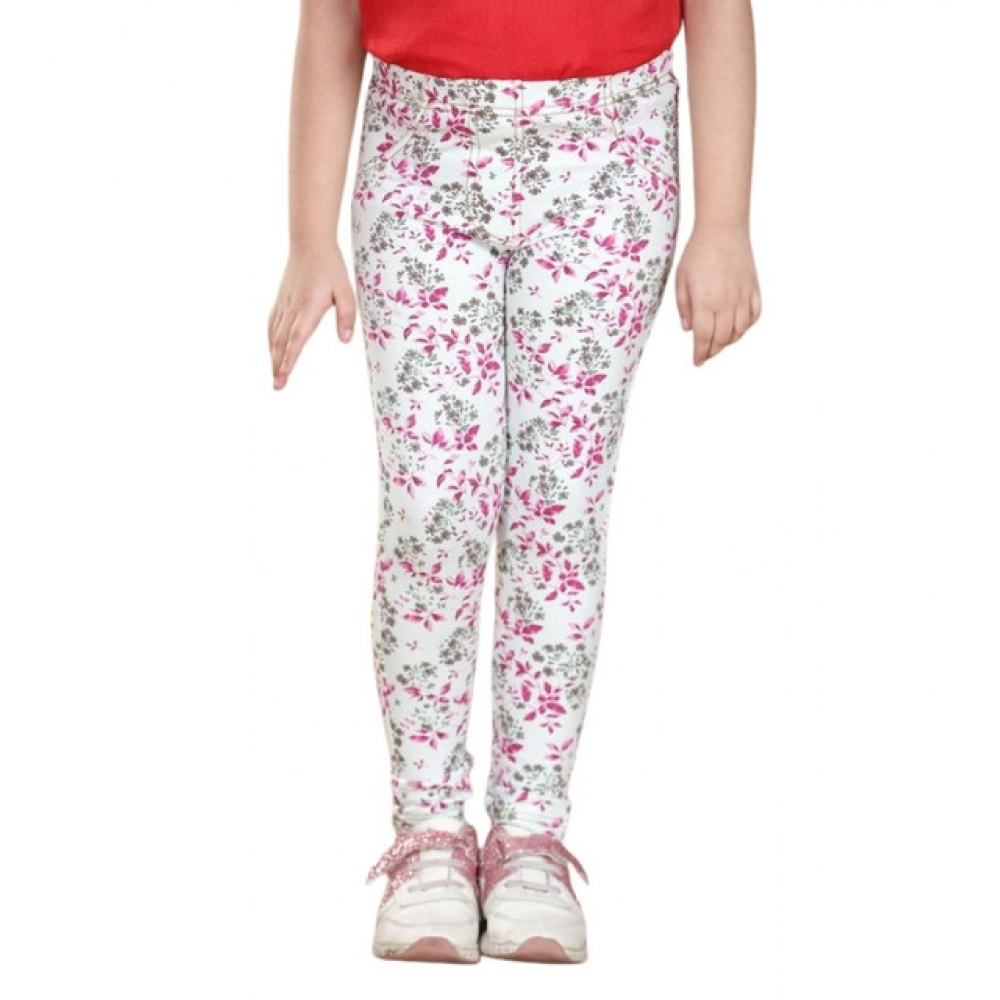 Girl's Cotton Lycra Floral Elasticated Jeggings (White-Pink) - Image 2
