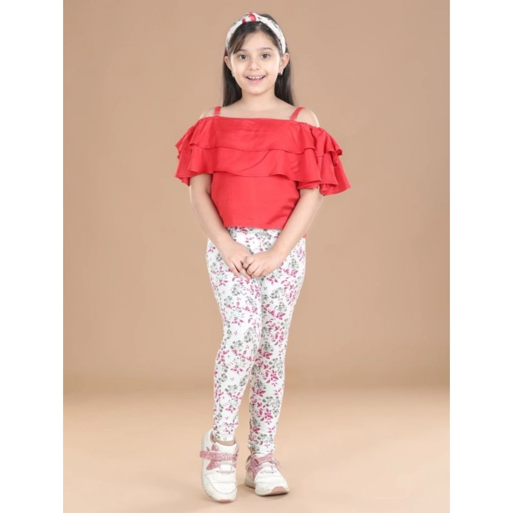 Girl's Cotton Lycra Floral Elasticated Jeggings (White-Pink)