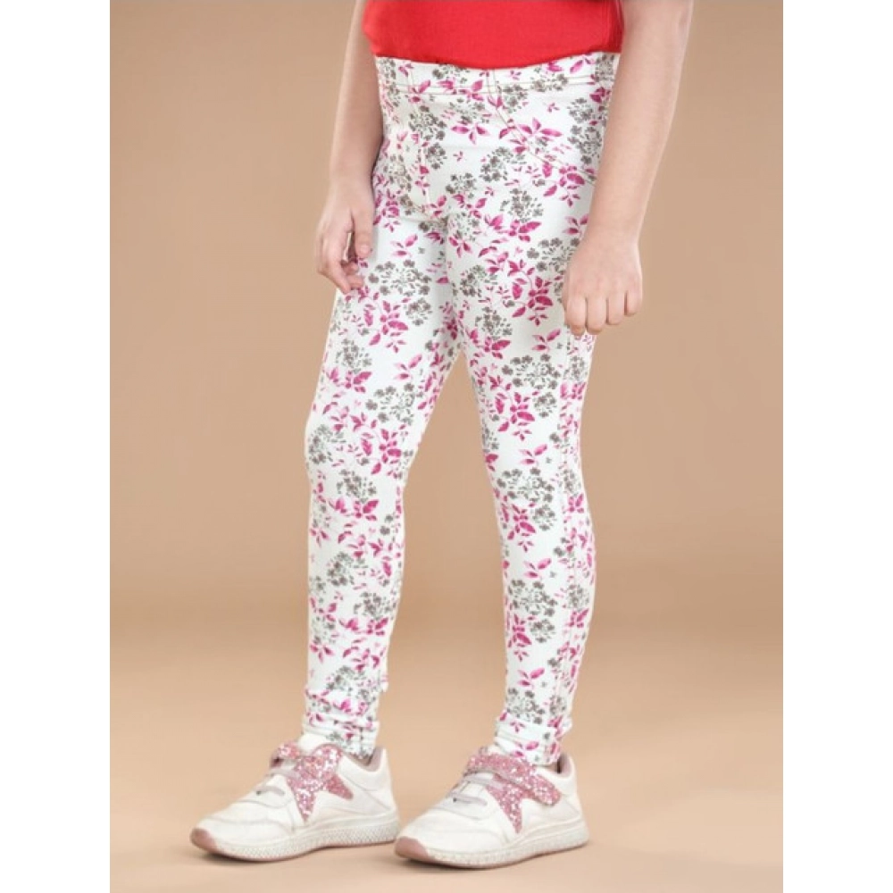 Girl's Cotton Lycra Floral Elasticated Jeggings (White-Pink) - Image 3