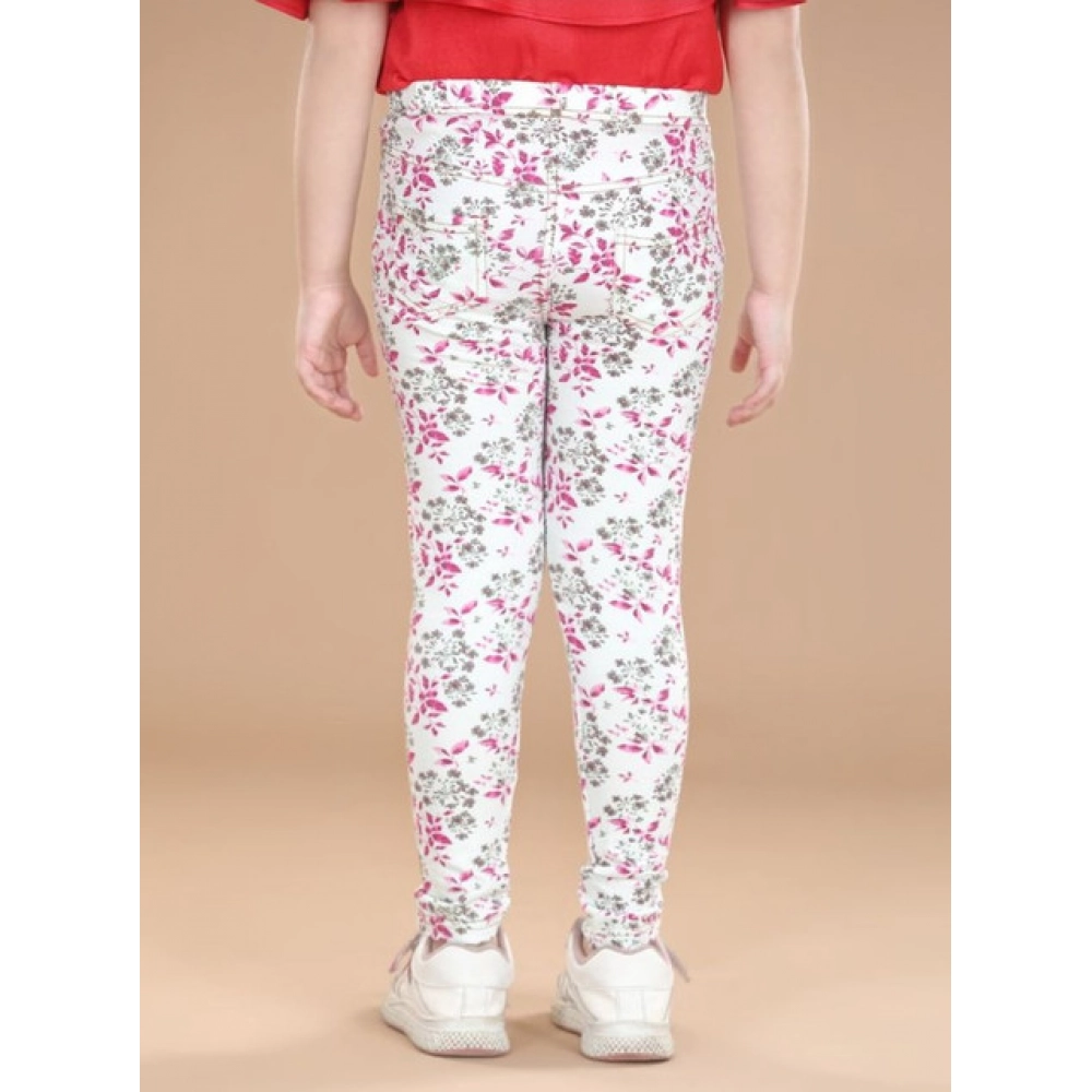 Girl's Cotton Lycra Floral Elasticated Jeggings (White-Pink) - Image 4