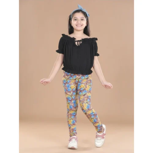 Girl's Cotton Lycra Floral Elasticated Jeggings (Multicolor)