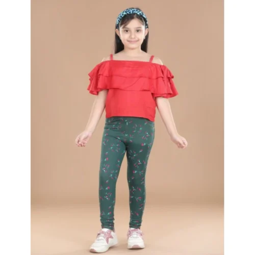 Girl's Cotton Lycra Floral Elasticated Jeggings (Bottle Green)