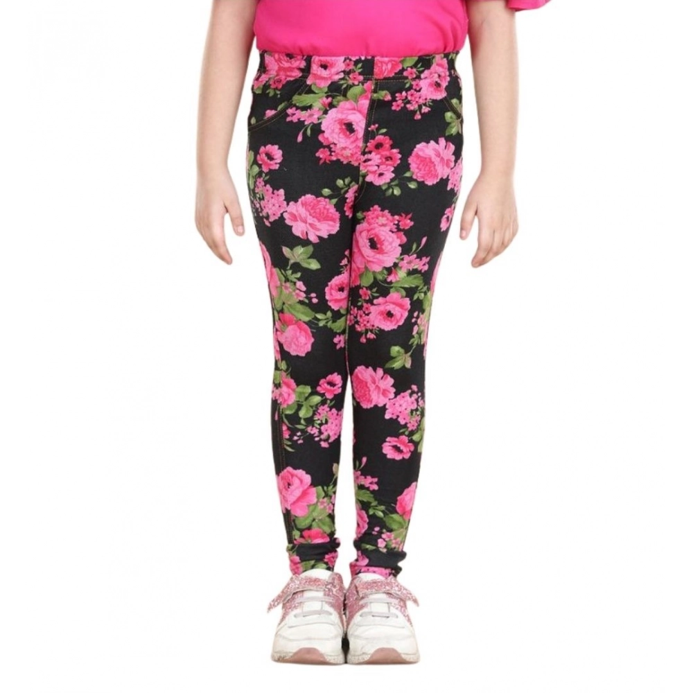 Girl's Cotton Lycra Floral Elasticated Jeggings (Black-Pink) - Image 2