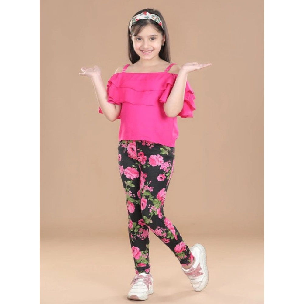Girl's Cotton Lycra Floral Elasticated Jeggings (Black-Pink)