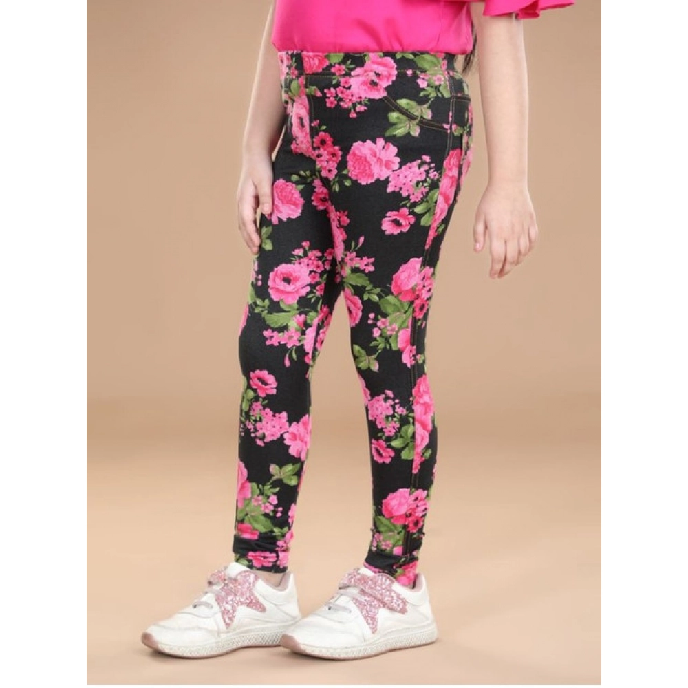 Girl's Cotton Lycra Floral Elasticated Jeggings (Black-Pink) - Image 3
