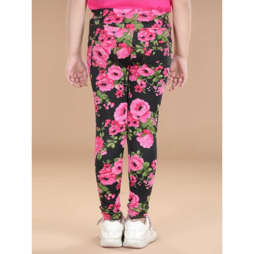 Girl's Cotton Lycra Floral Elasticated Jeggings (Black-Pink) - Image 4