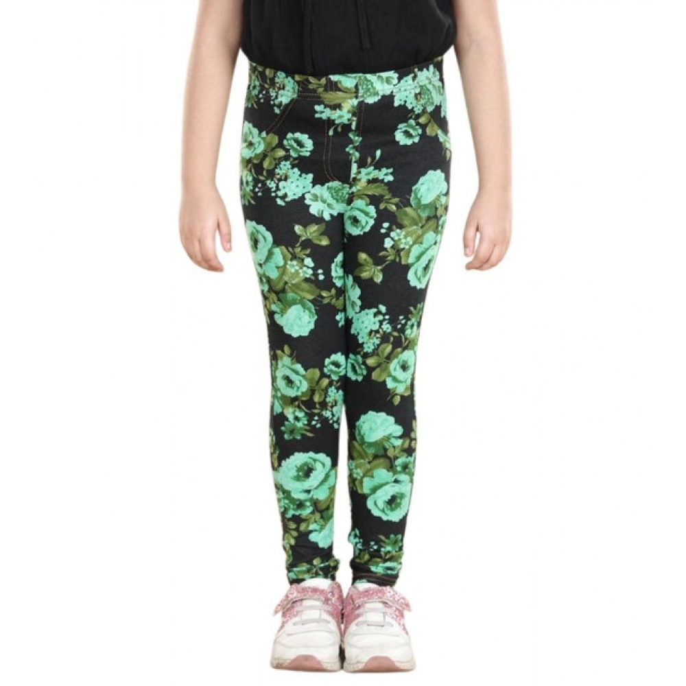 Girl's Cotton Lycra Floral Elasticated Jeggings (Black-Green) - Image 2