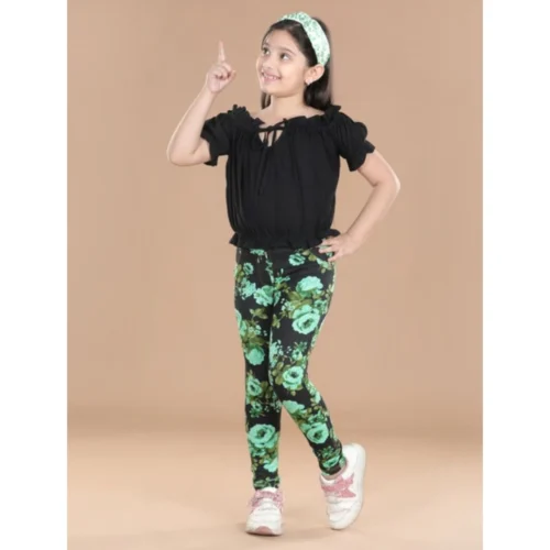 Girl's Cotton Lycra Floral Elasticated Jeggings (Black-Green)