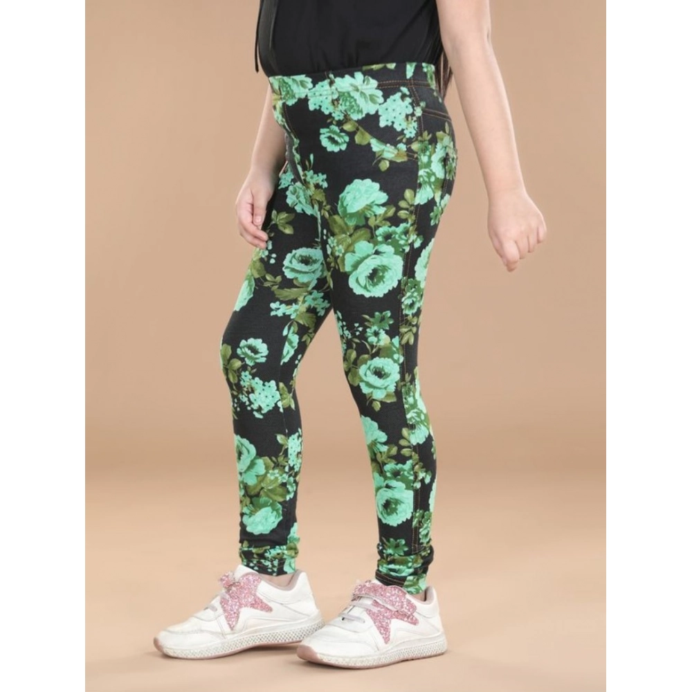 Girl's Cotton Lycra Floral Elasticated Jeggings (Black-Green) - Image 3