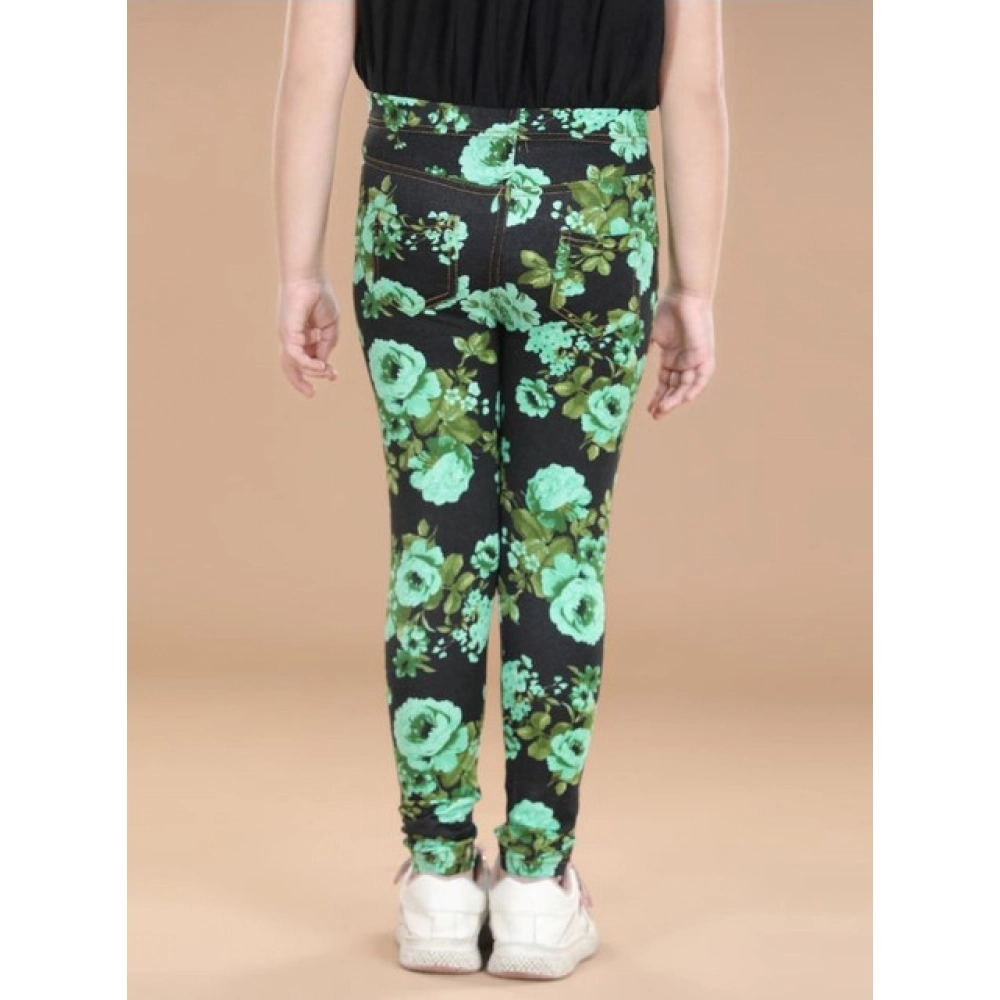 Girl's Cotton Lycra Floral Elasticated Jeggings (Black-Green) - Image 4