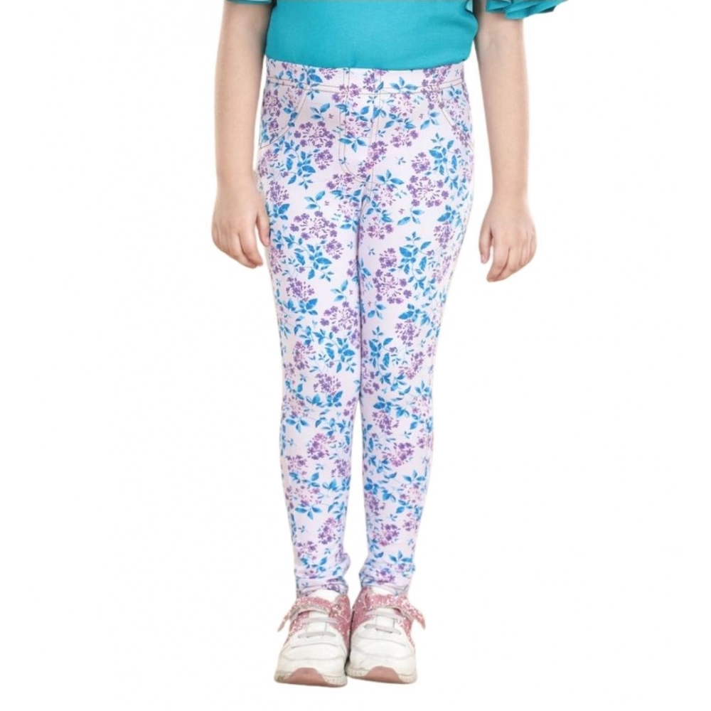 Girl's Cotton Lycra Floral Elasticated Jeggings (White-Turquoise Blue) - Image 2