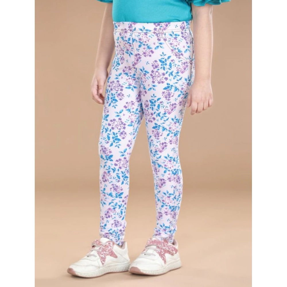 Girl's Cotton Lycra Floral Elasticated Jeggings (White-Turquoise Blue) - Image 3