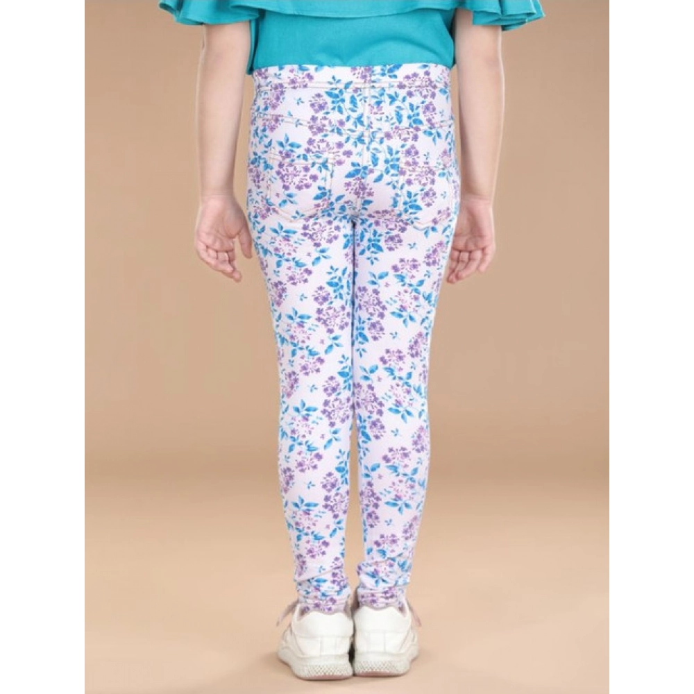 Girl's Cotton Lycra Floral Elasticated Jeggings (White-Turquoise Blue) - Image 4