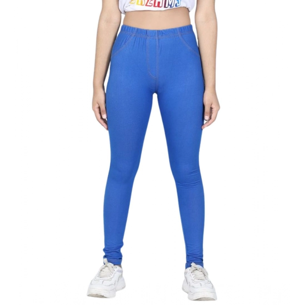 Girl's Cotton Lycra Solid Elasticated Jeggings (Blue) - Image 2