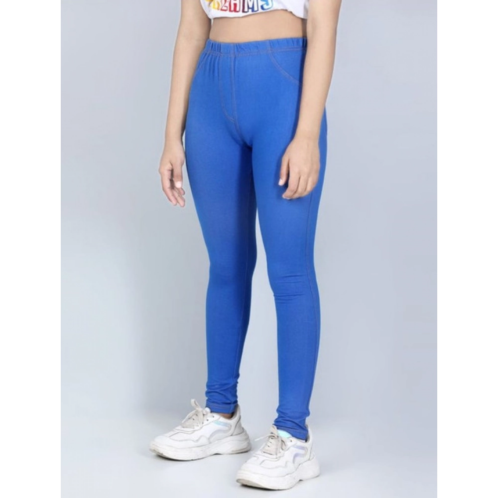 Girl's Cotton Lycra Solid Elasticated Jeggings (Blue) - Image 3