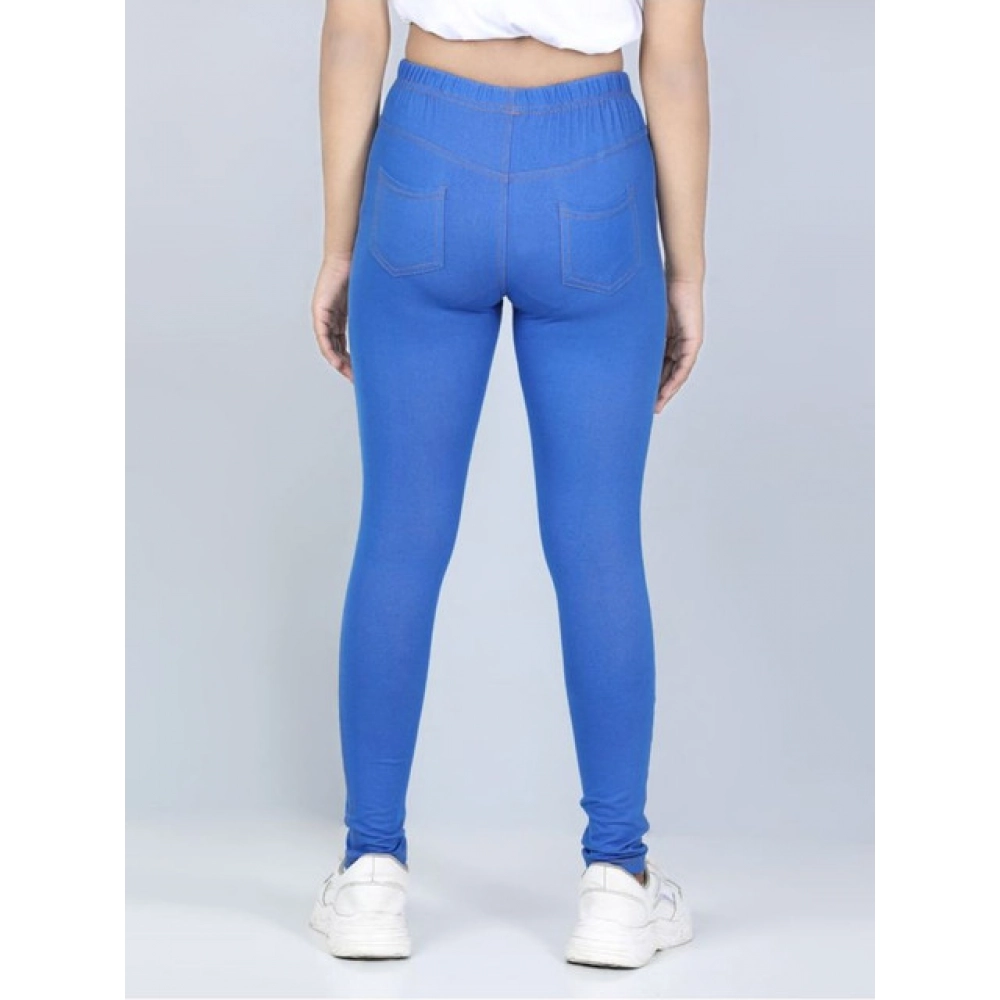 Girl's Cotton Lycra Solid Elasticated Jeggings (Blue) - Image 4
