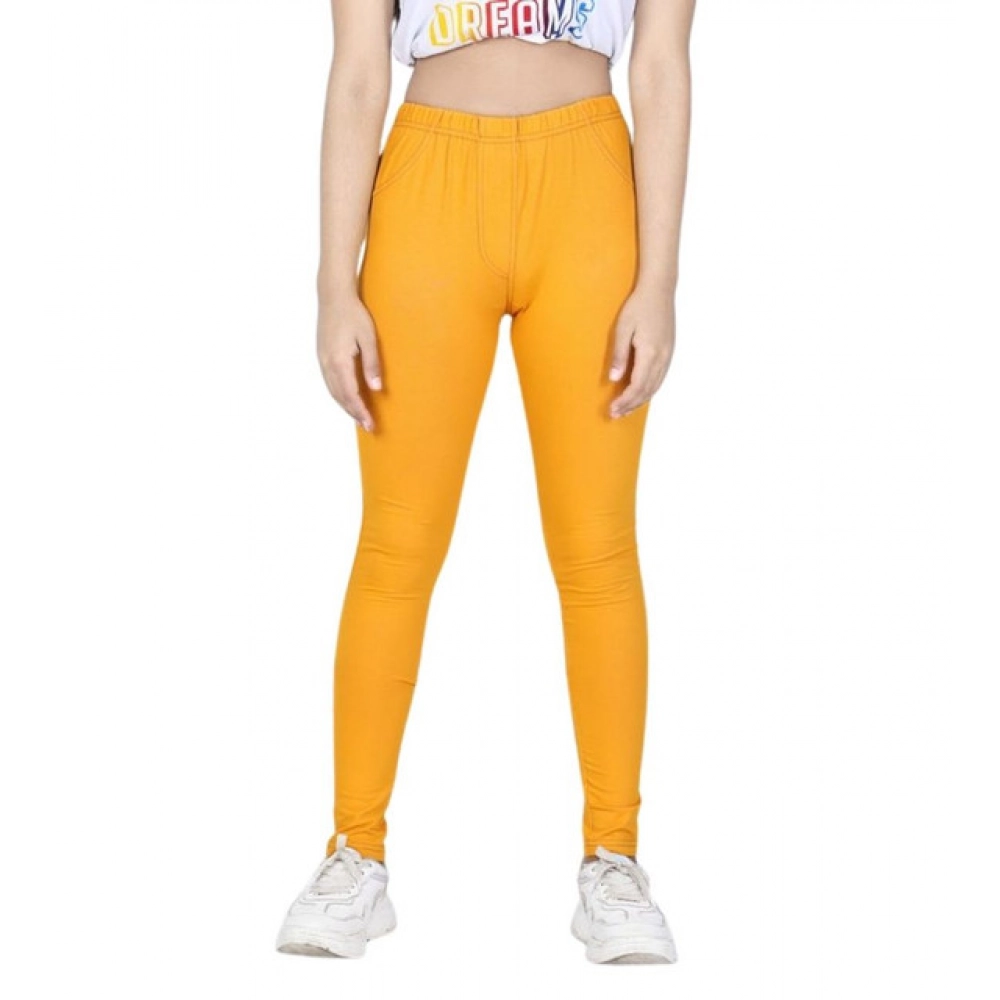 Girl's Cotton Lycra Solid Elasticated Jeggings (Mustard) - Image 2