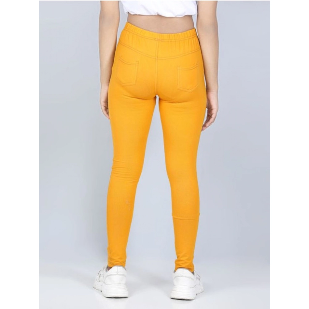 Girl's Cotton Lycra Solid Elasticated Jeggings (Mustard) - Image 3