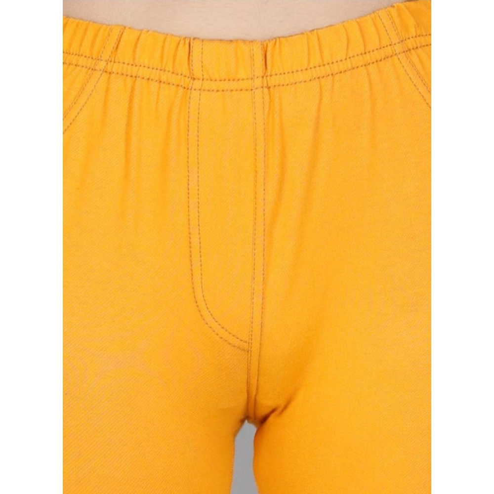 Girl's Cotton Lycra Solid Elasticated Jeggings (Mustard) - Image 4