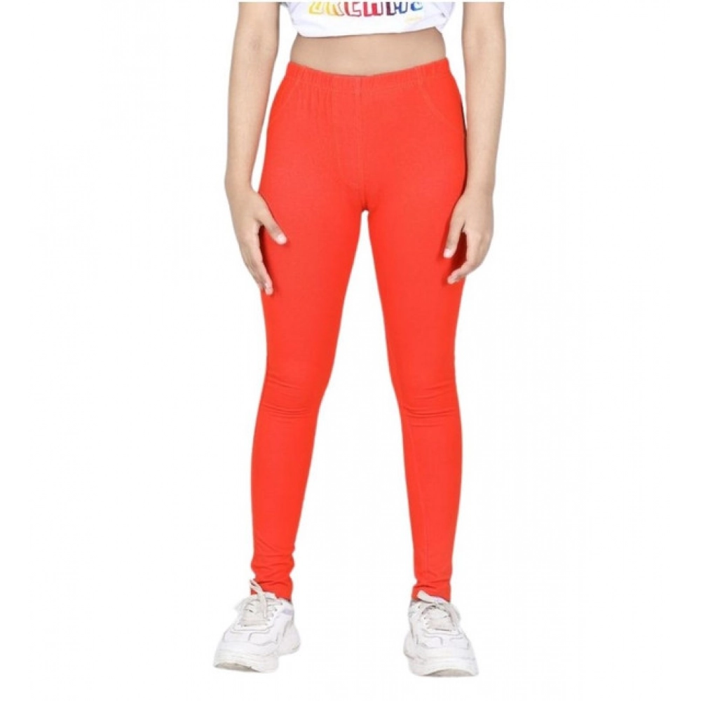 Girl's Cotton Lycra Solid Elasticated Jeggings (Orange) - Image 2
