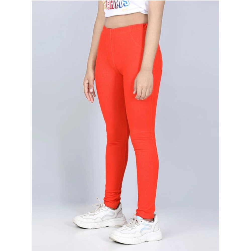 Girl's Cotton Lycra Solid Elasticated Jeggings (Orange) - Image 3