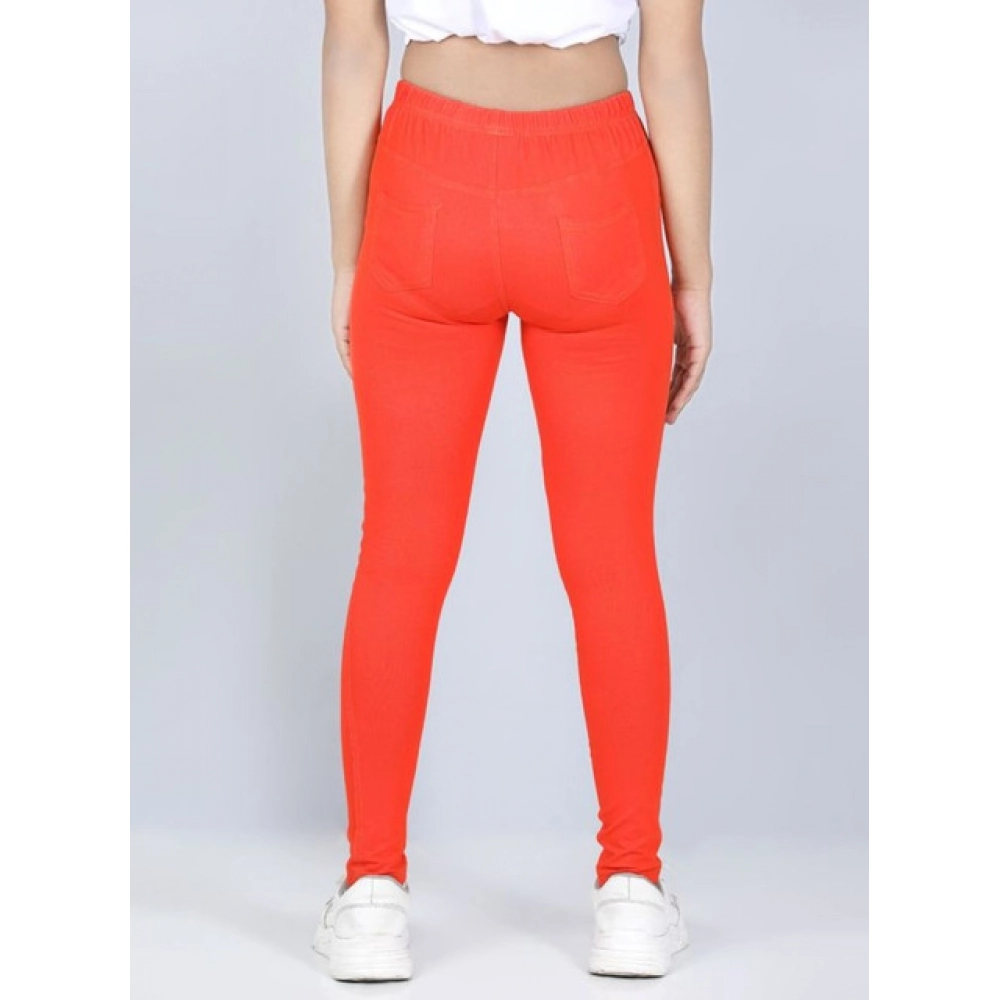 Girl's Cotton Lycra Solid Elasticated Jeggings (Orange) - Image 4