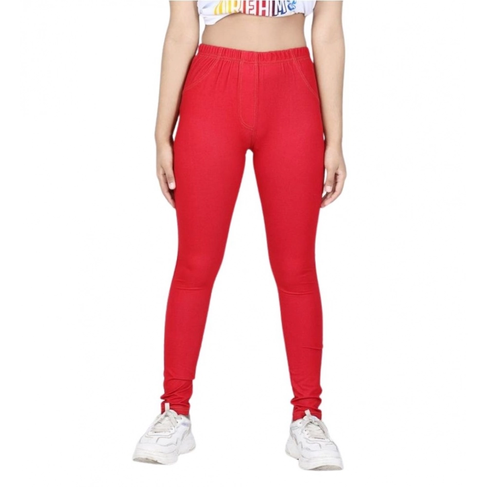 Girl's Cotton Lycra Solid Elasticated Jeggings (Red) - Image 2