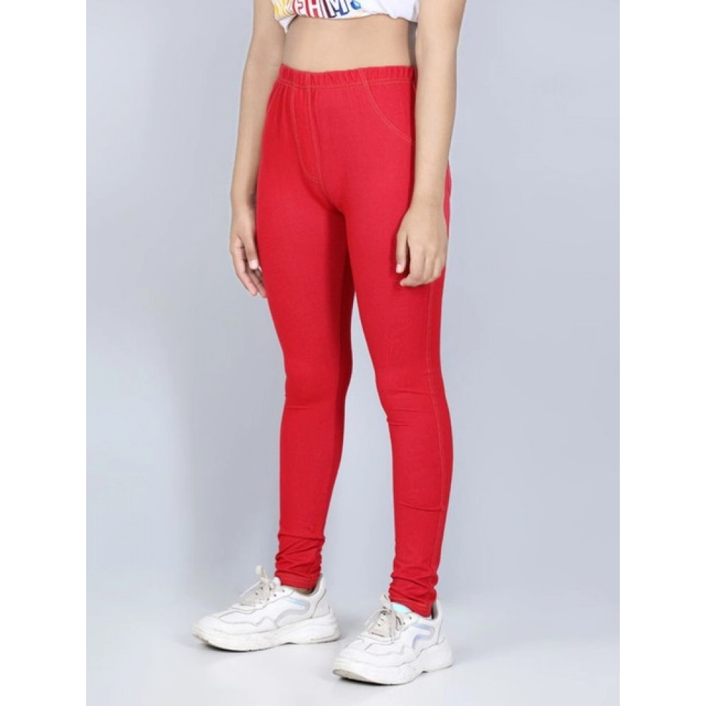 Girl's Cotton Lycra Solid Elasticated Jeggings (Red) - Image 3