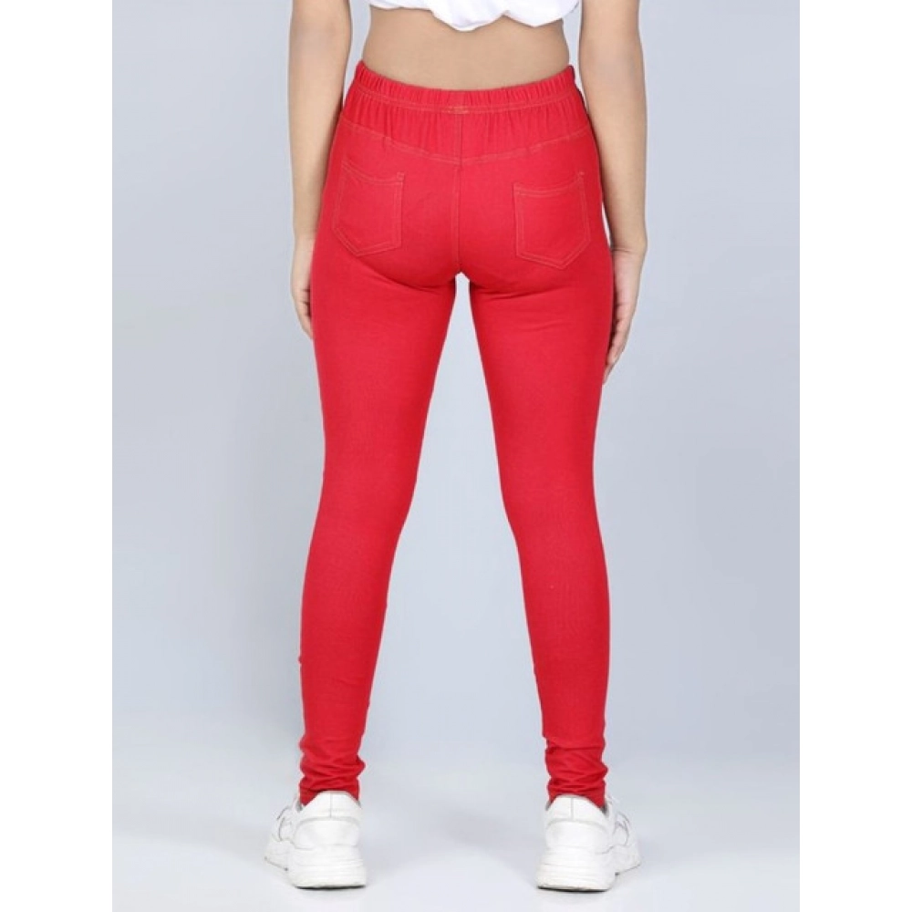 Girl's Cotton Lycra Solid Elasticated Jeggings (Red) - Image 4