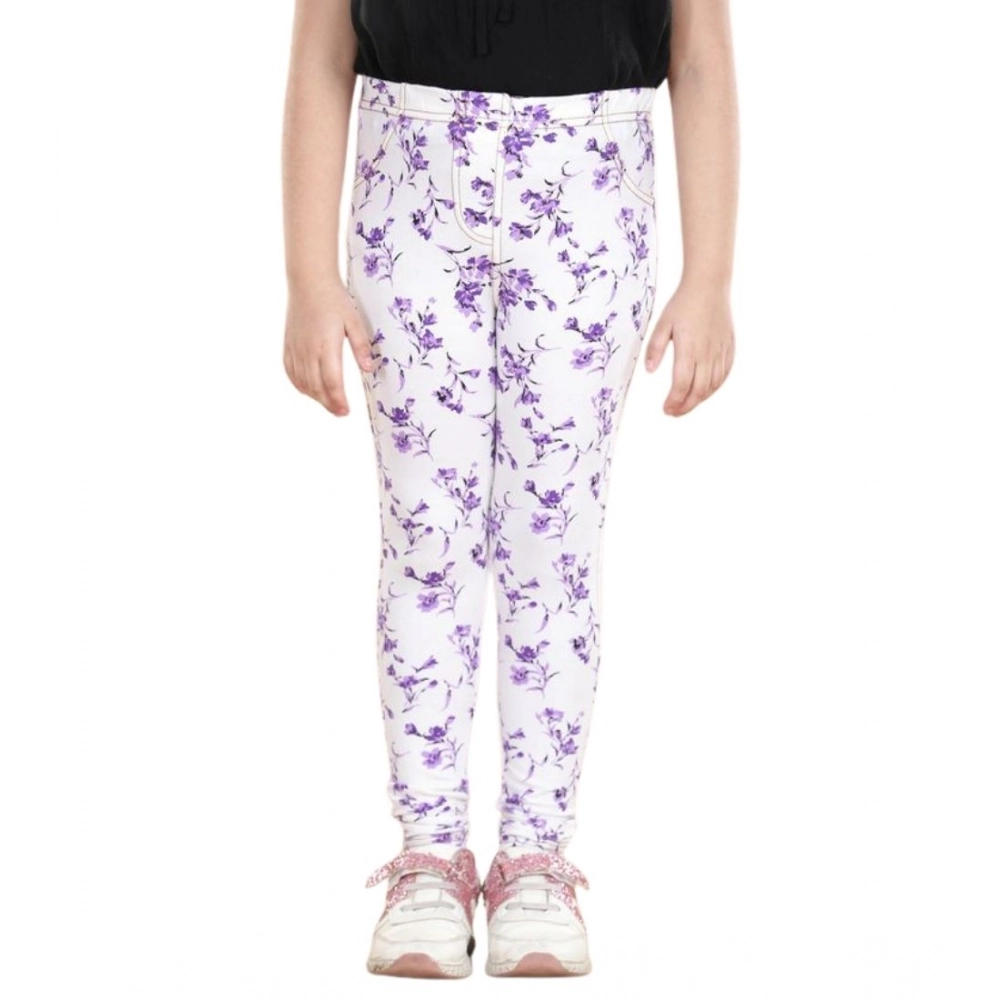 Girl's Cotton Lycra Floral Elasticated Jeggings (White-Lavender) - Image 2