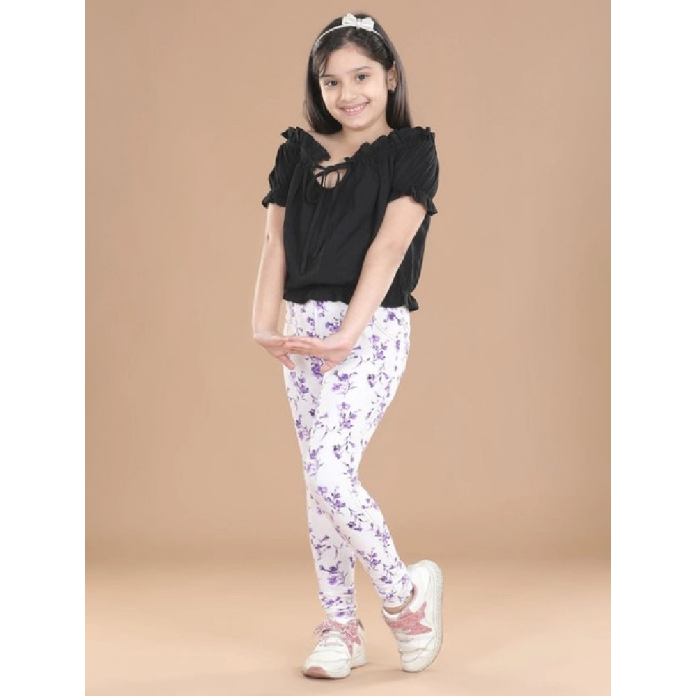 Girl's Cotton Lycra Floral Elasticated Jeggings (White-Lavender)