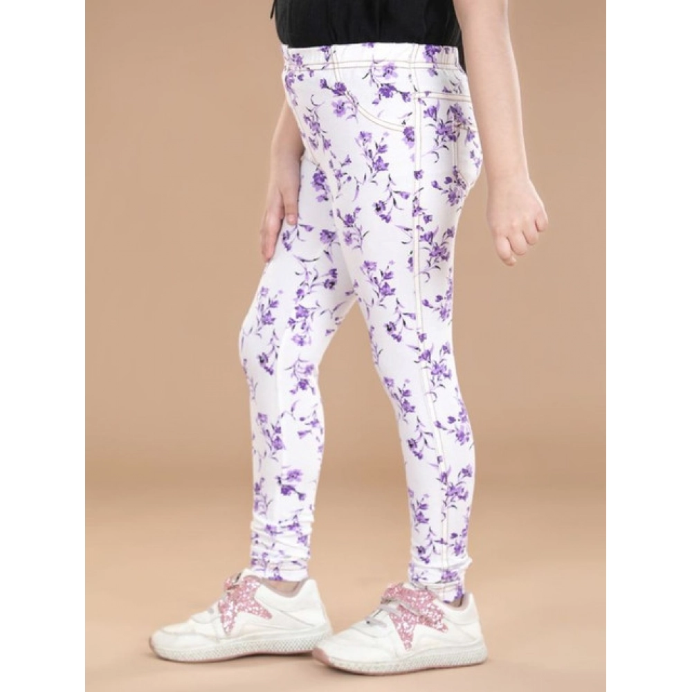 Girl's Cotton Lycra Floral Elasticated Jeggings (White-Lavender) - Image 3