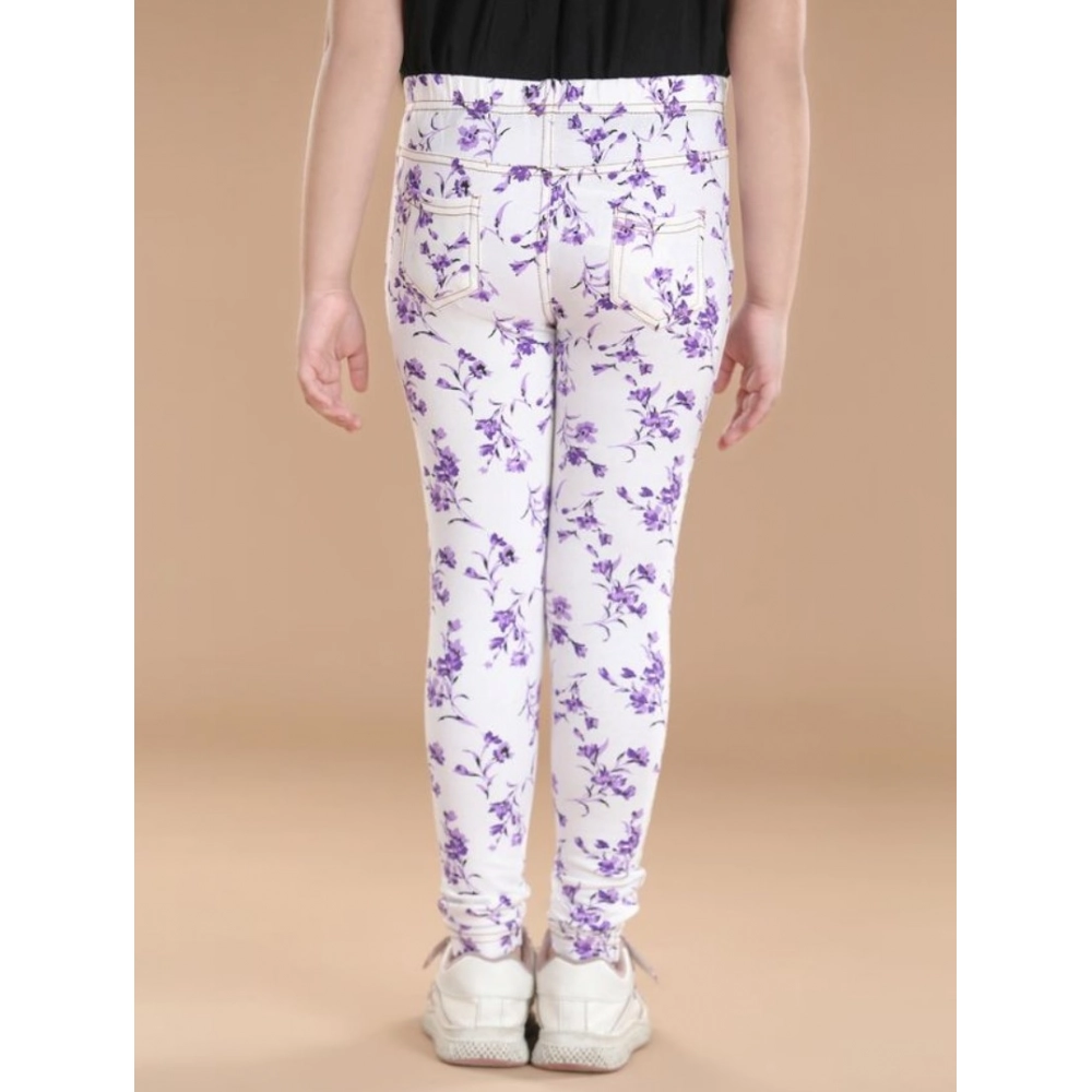 Girl's Cotton Lycra Floral Elasticated Jeggings (White-Lavender) - Image 4