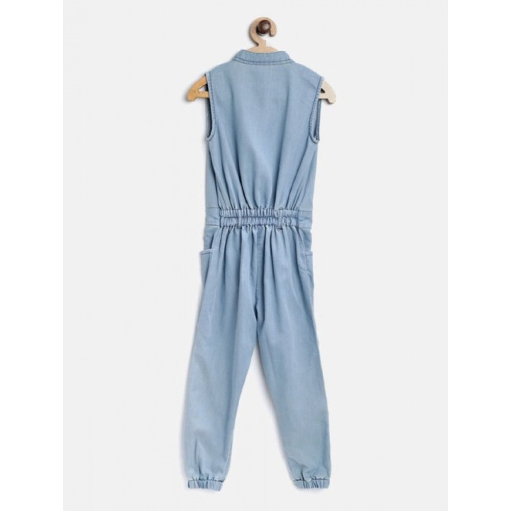 Girl's Denim Embellished Sleeveless Jumpsuit (Blue) - Image 2