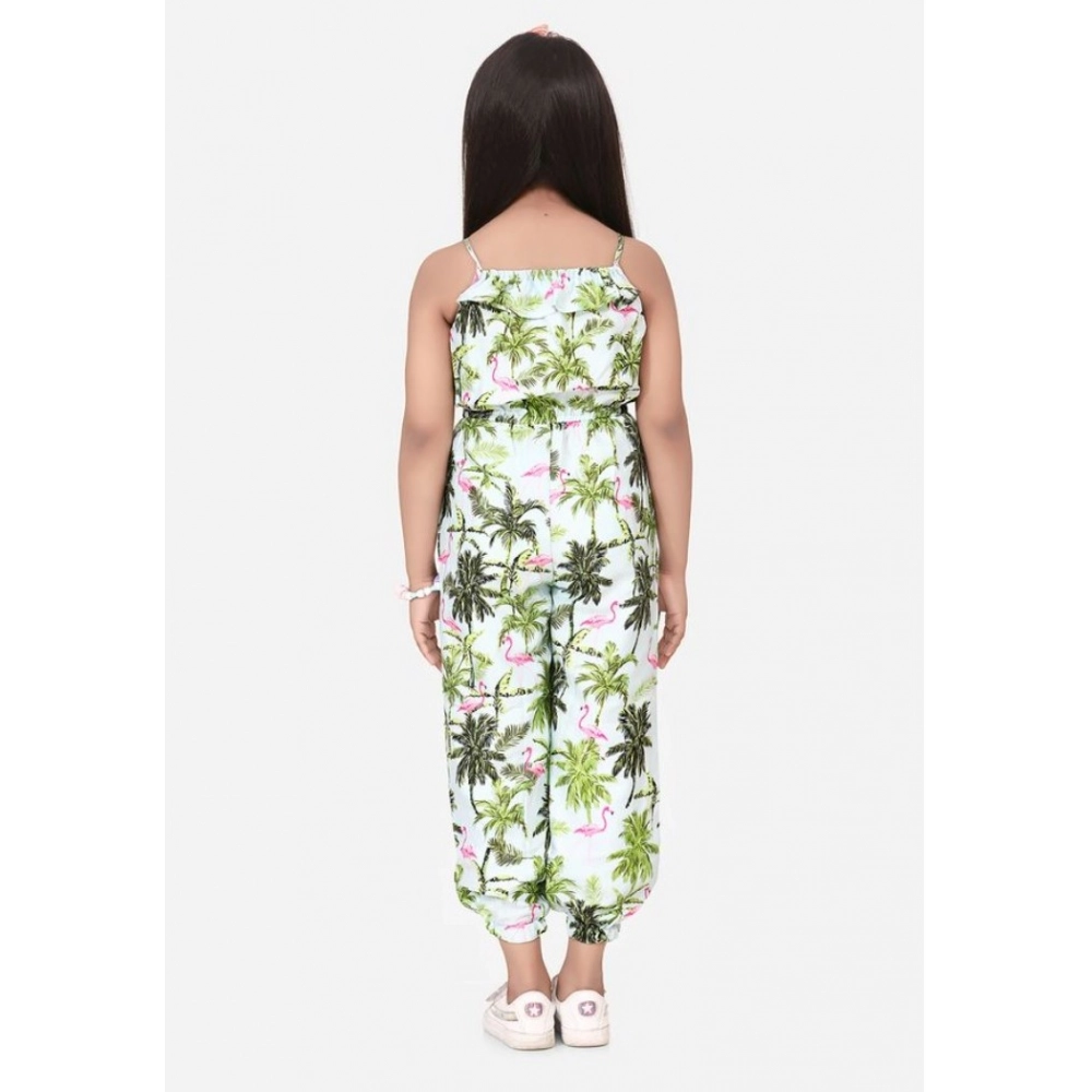 Girl's Denim Embroidered Sleeveless Jumpsuit (White-Green) - Image 2