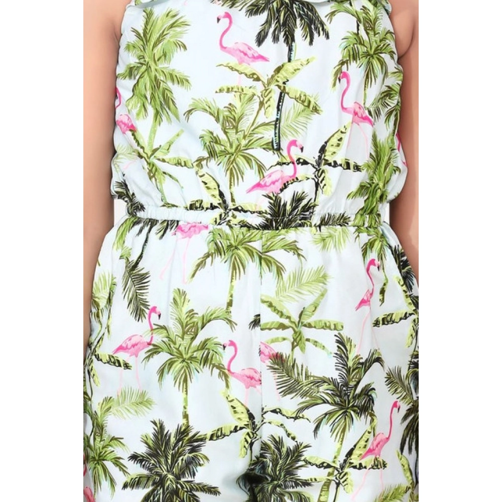 Girl's Denim Embroidered Sleeveless Jumpsuit (White-Green) - Image 3