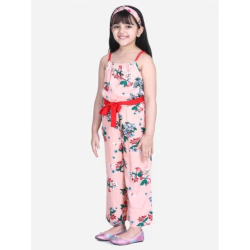 Girl's Polyester Crepe Floral Shoulder Straps Jumpsuit (Peach-Red)