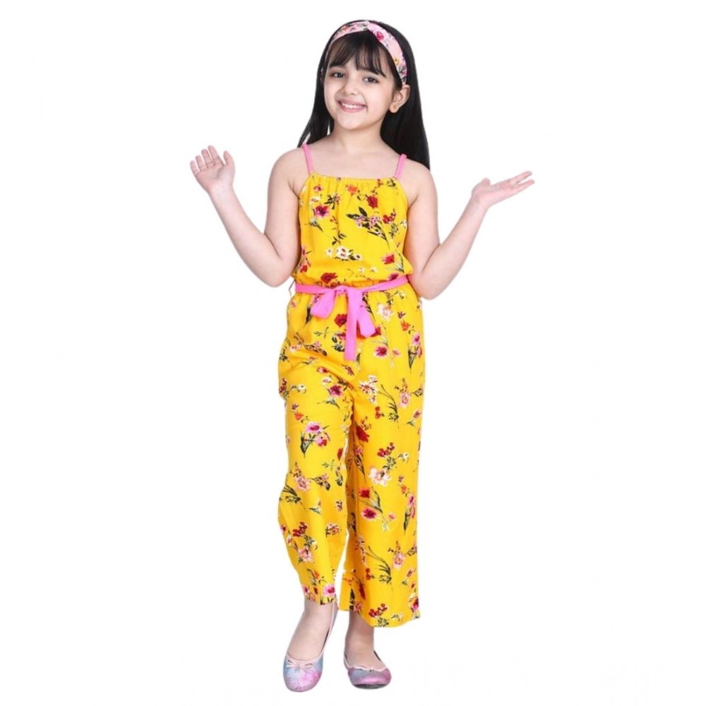 Girl's Polyester Crepe Floral Shoulder Straps Jumpsuit (Yellow-Pink) - Image 2
