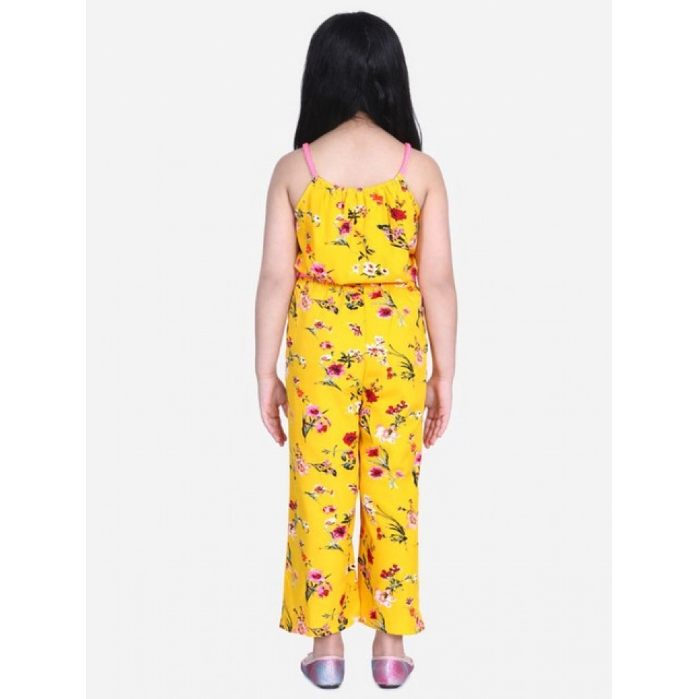 Girl's Polyester Crepe Floral Shoulder Straps Jumpsuit (Yellow-Pink) - Image 3