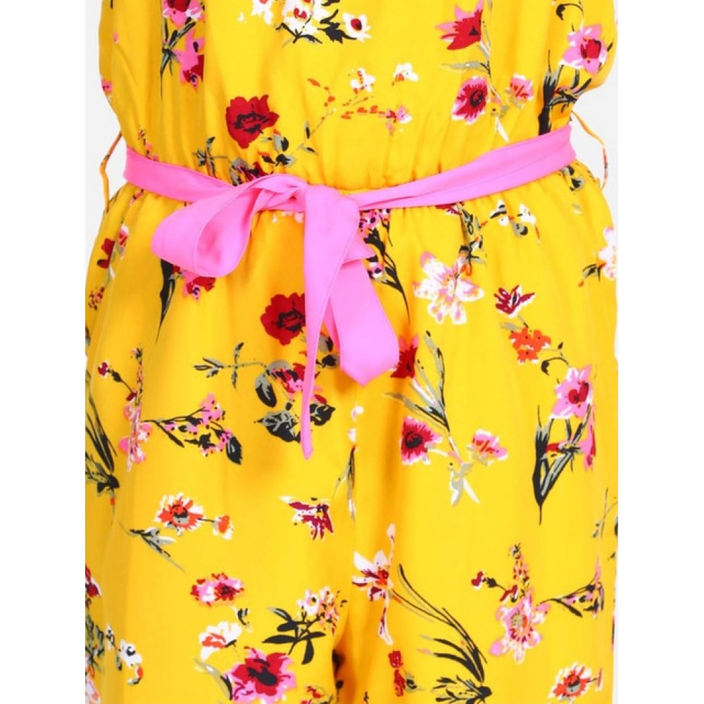Girl's Polyester Crepe Floral Shoulder Straps Jumpsuit (Yellow-Pink) - Image 4