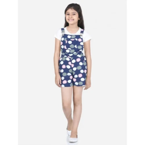 Girl's Rayon Polka Sleeveless Jumpsuit (Blue-Pink)