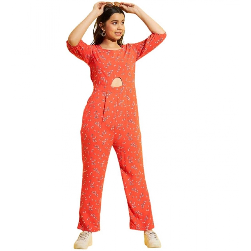 Girl's Polyester Floral 3/4th Sleeve Jumpsuit (Coral) - Image 2