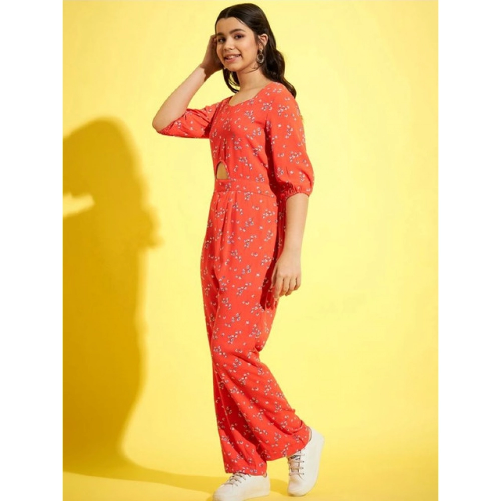 Girl's Polyester Floral 3/4th Sleeve Jumpsuit (Coral) - Image 3