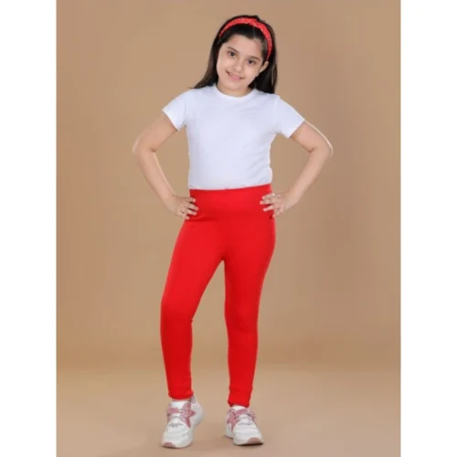 Girl's Cotton Lycra Solid Elasticated Leggings (Red)