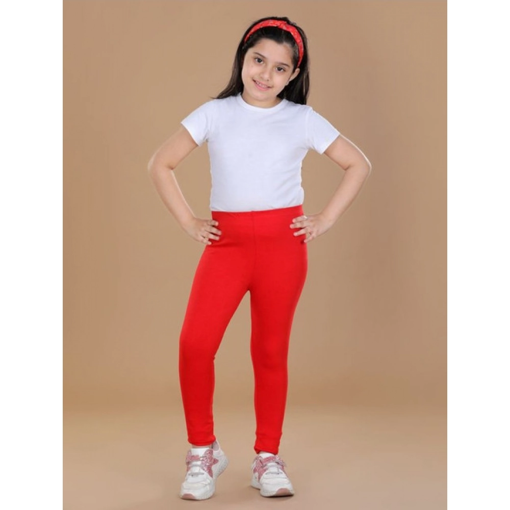 Girl's Cotton Lycra Solid Elasticated Leggings (Red)