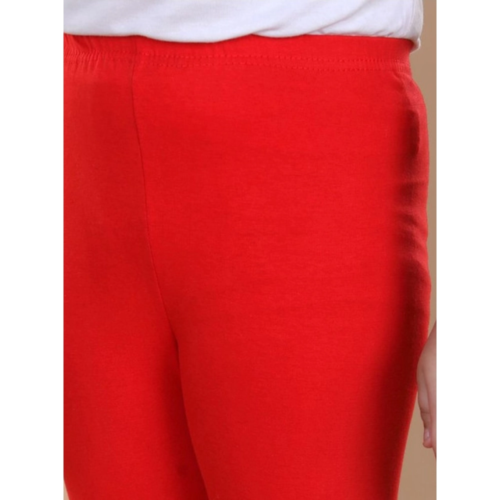 Girl's Cotton Lycra Solid Elasticated Leggings (Red) - Image 4