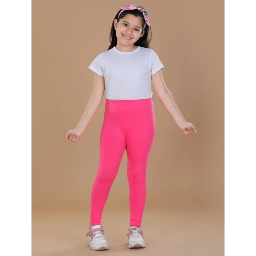 Girl's Cotton Lycra Solid Elasticated Leggings (Pink)