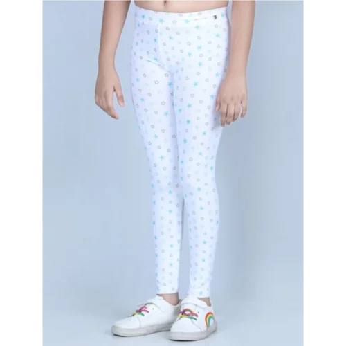 Girl's Cotton Lycra Printed Elasticated Leggings (White)