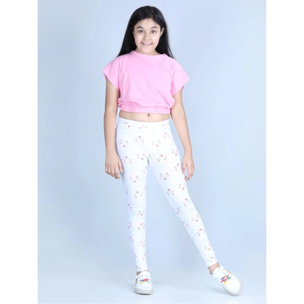 Girl's Cotton Lycra Printed Elasticated Leggings (White)