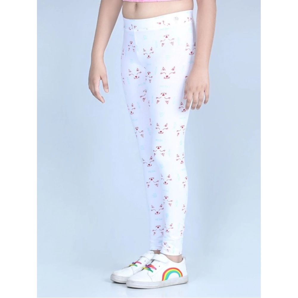Girl's Cotton Lycra Printed Elasticated Leggings (White) - Image 3